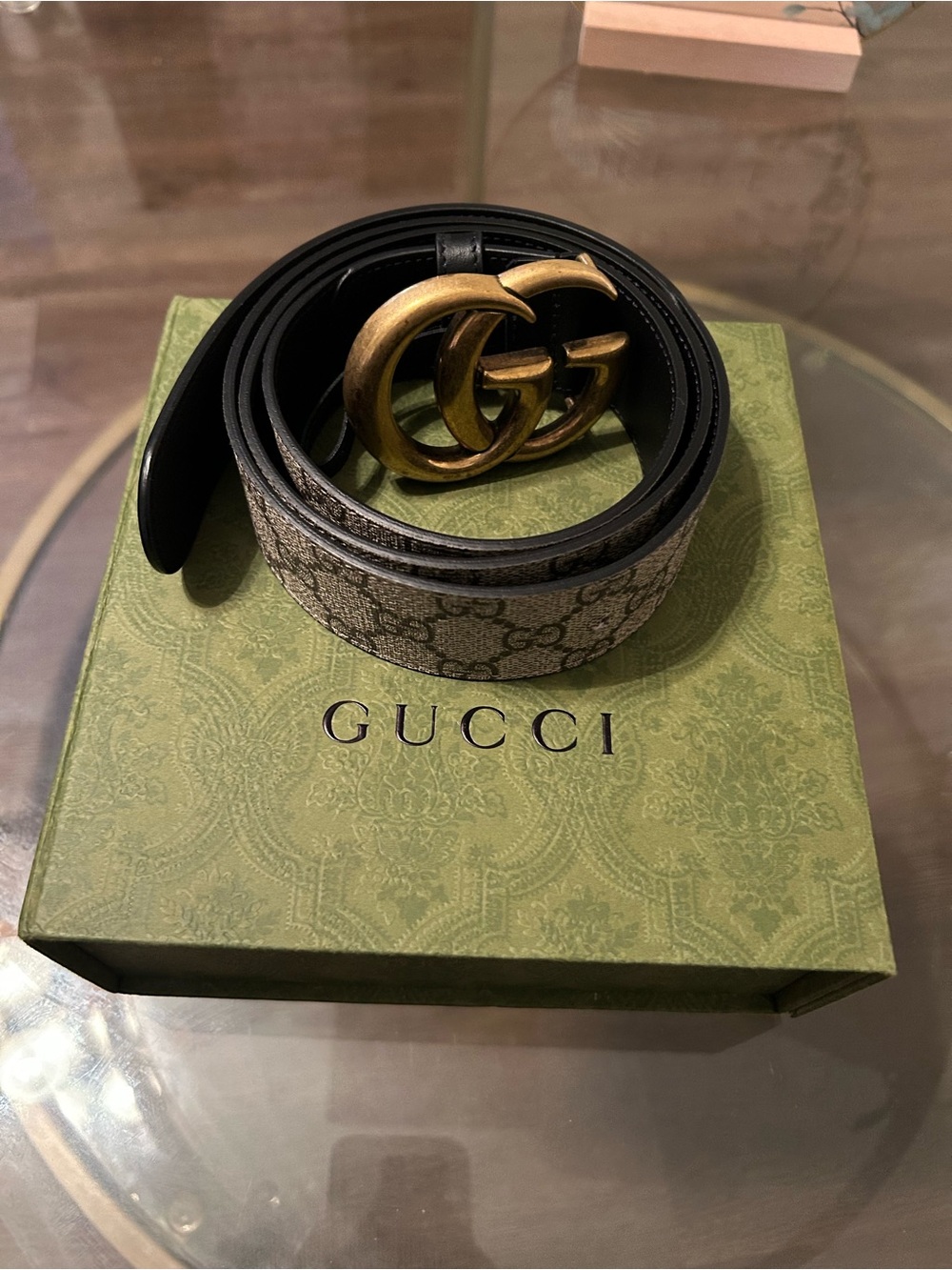 Gucci Black & Beige GG Canvas Belt with Antique Gold Double G Buckle
